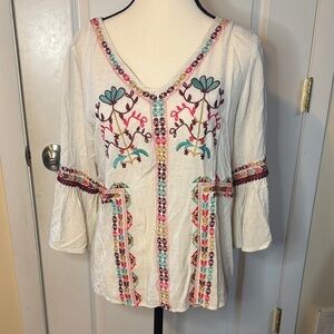THML boho women’s multicolor embroidered V neck blouse small